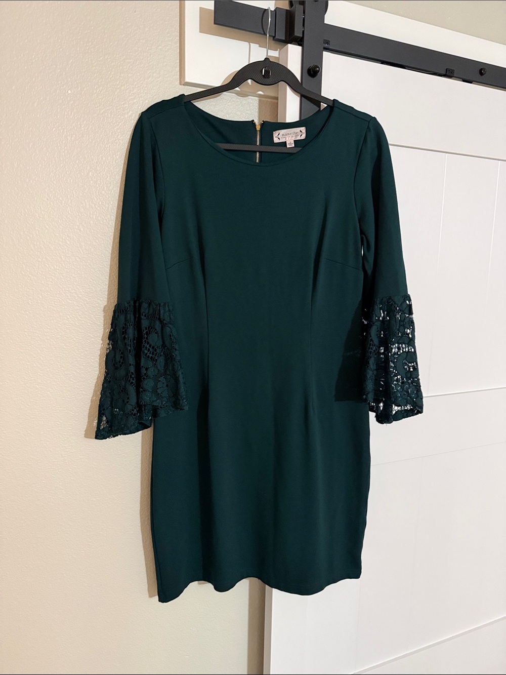 Nanette Lepore Dark Green Lace Bell-Sleeve Shift Dress